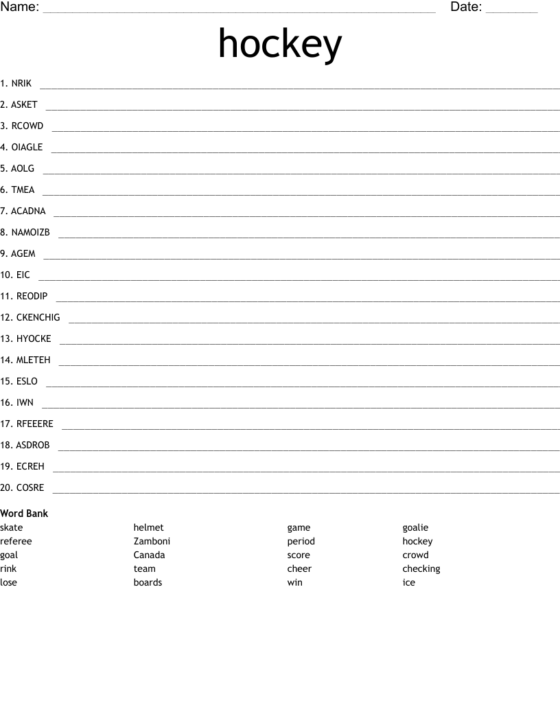 hockey Word Scramble