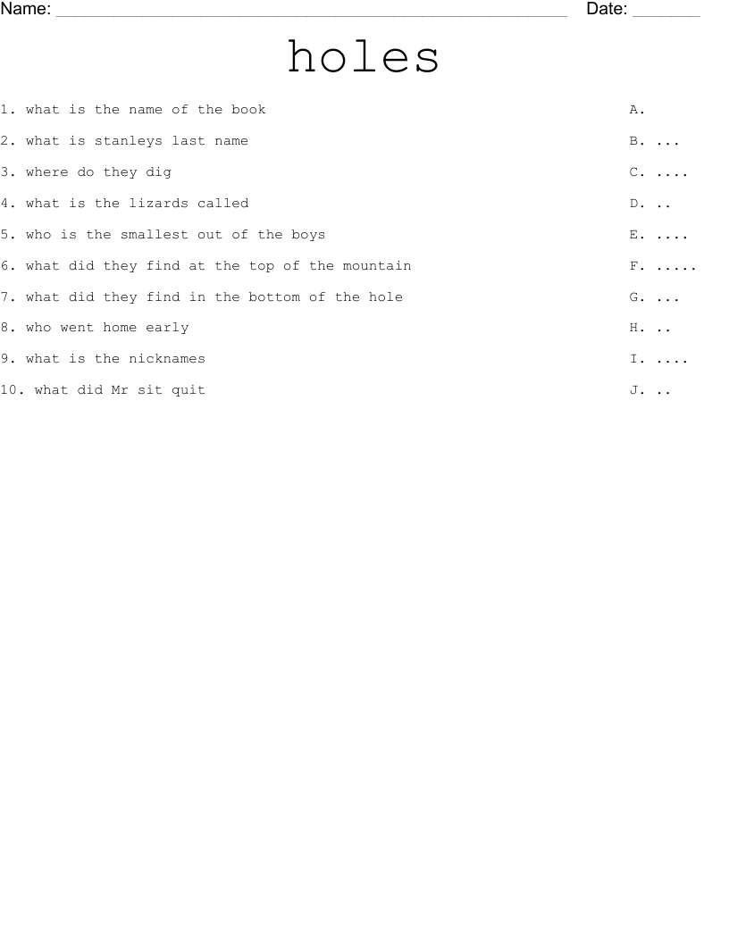 holes Worksheet