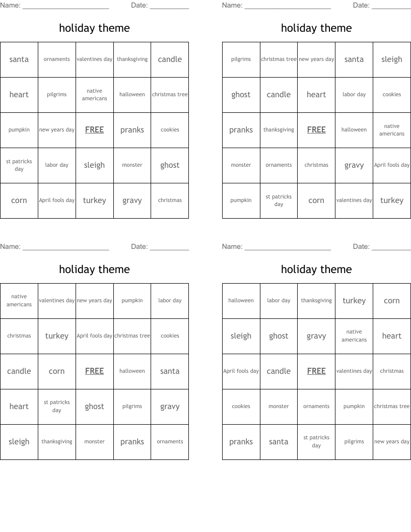 holiday theme Bingo Cards