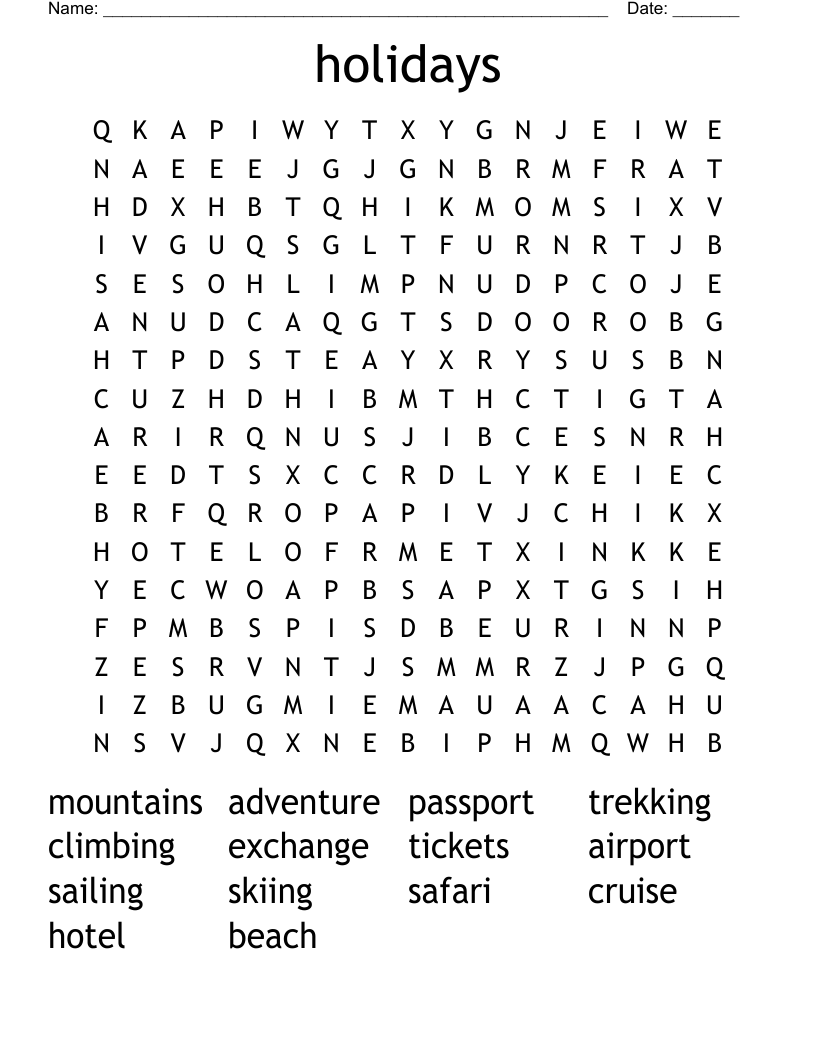holidays Word Search