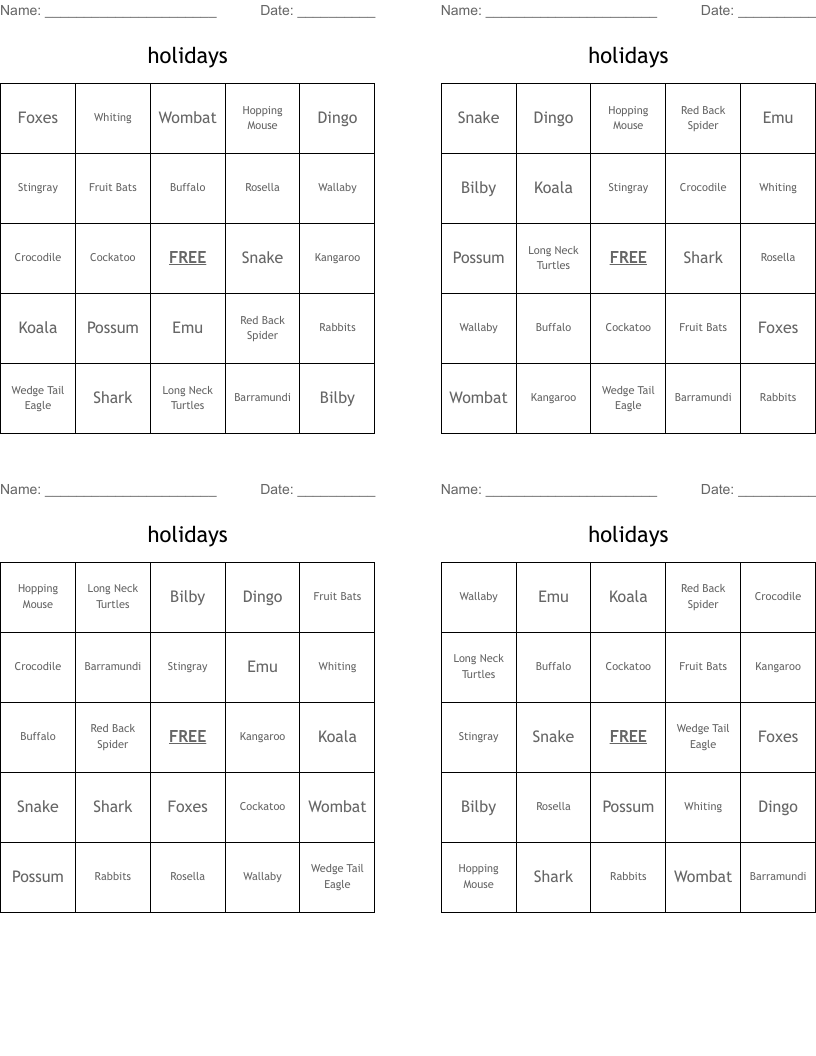 holidays Bingo Cards