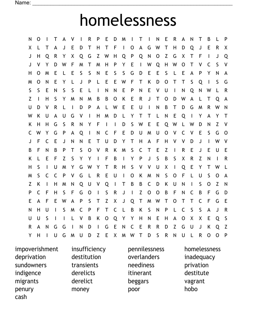 homelessness Word Search