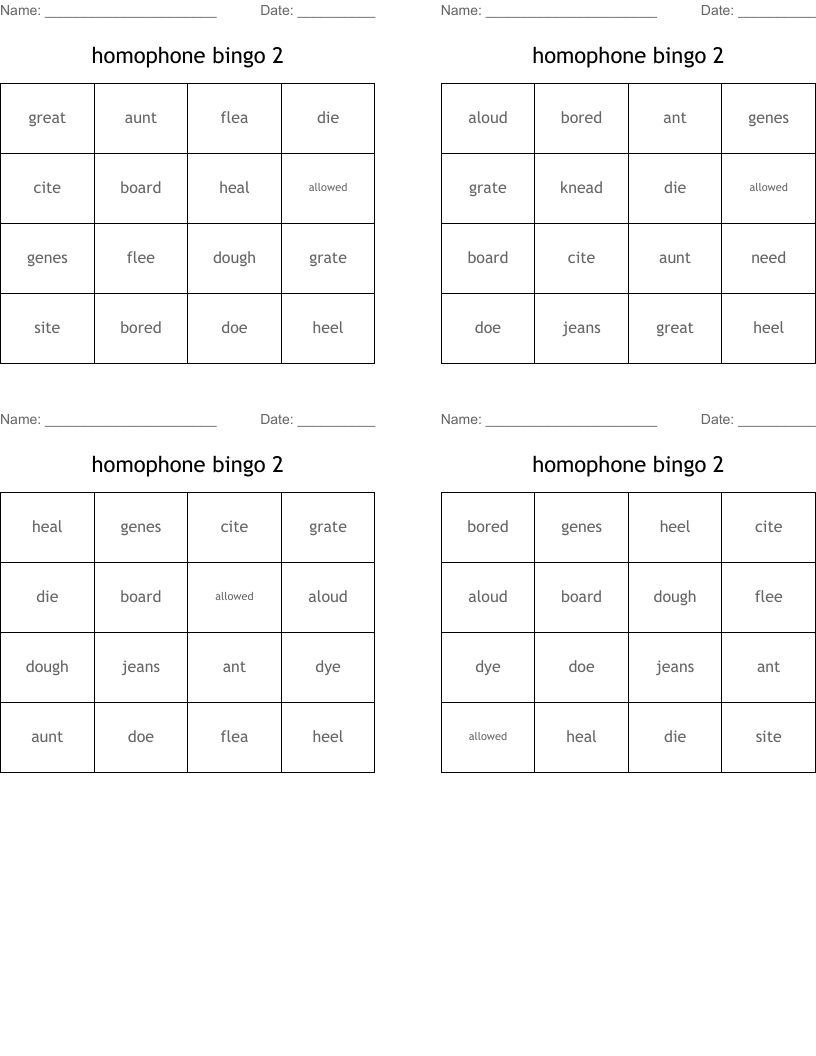 homophone bingo 2