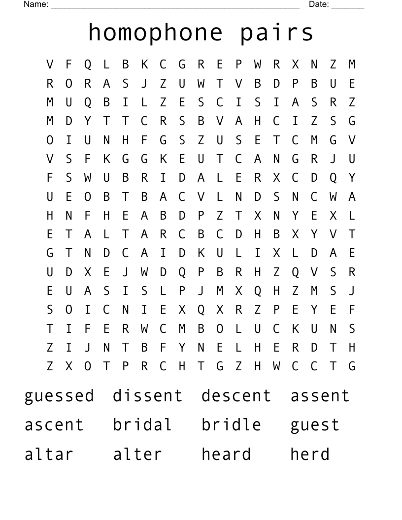 homophone pairs Word Search
