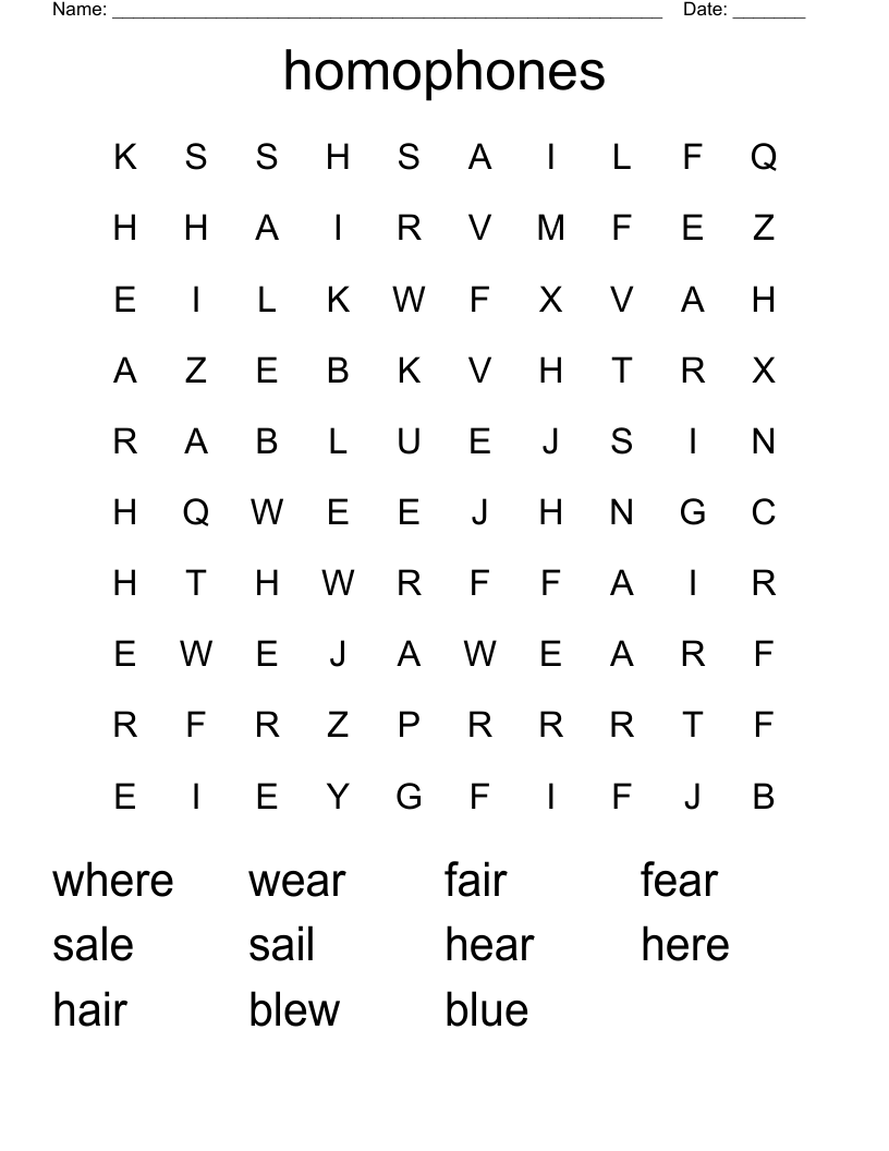 homophones Word Search