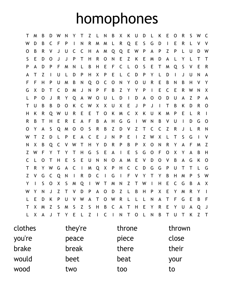 homophones Word Search