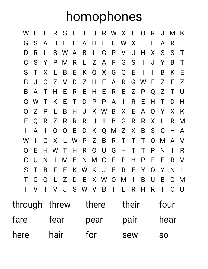 homophones Word Search