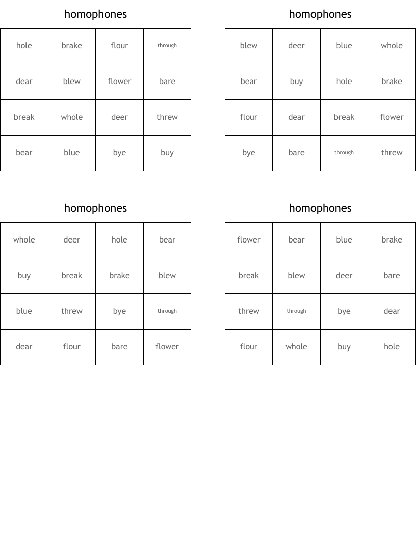 homophones Bingo Cards