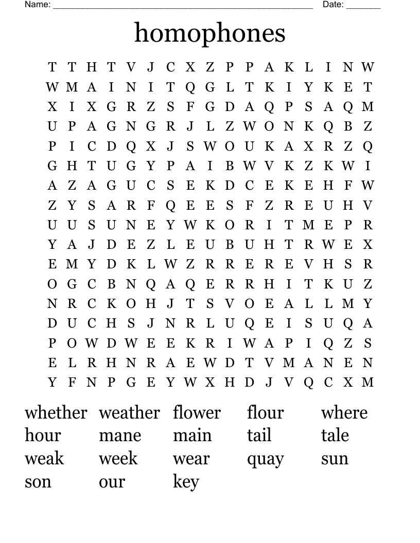 homophones Word Search