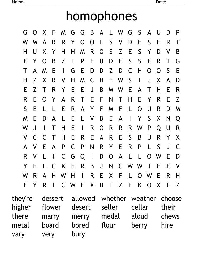 homophones Word Search