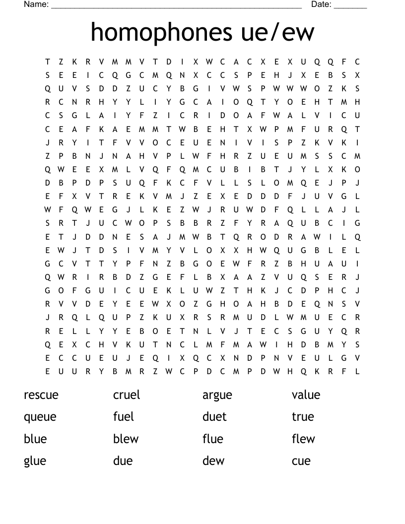 homophones ue/ew Word Search