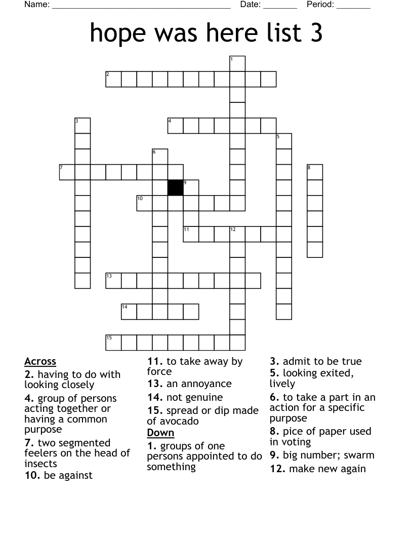 hope was here list 3 Crossword