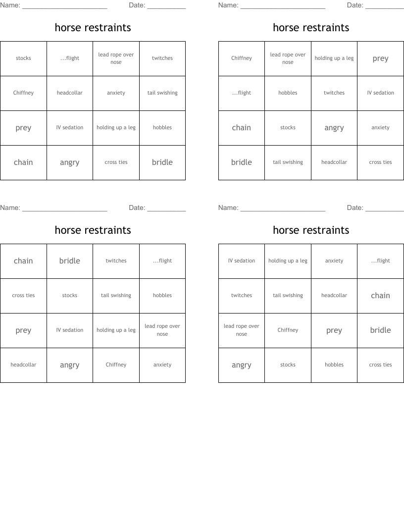 horse restraints Bingo Cards