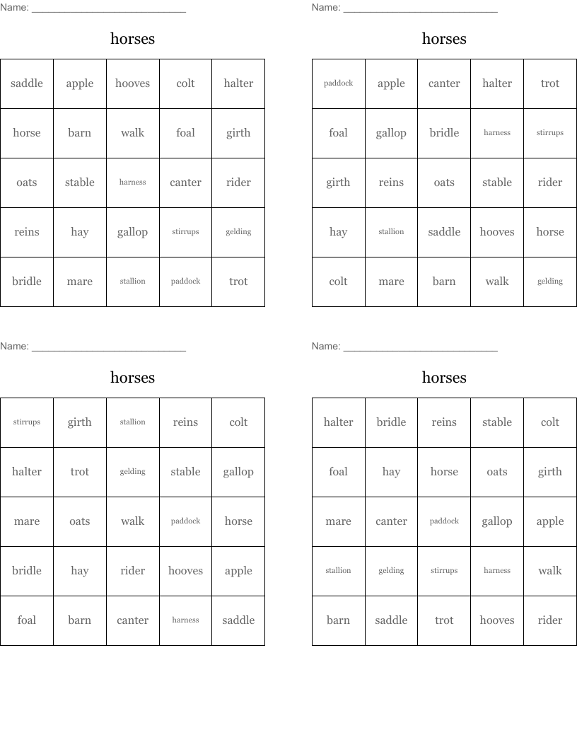 horses Bingo Cards