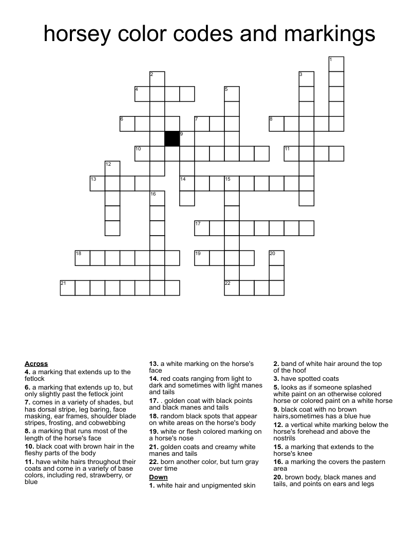 horsey color codes and markings Crossword