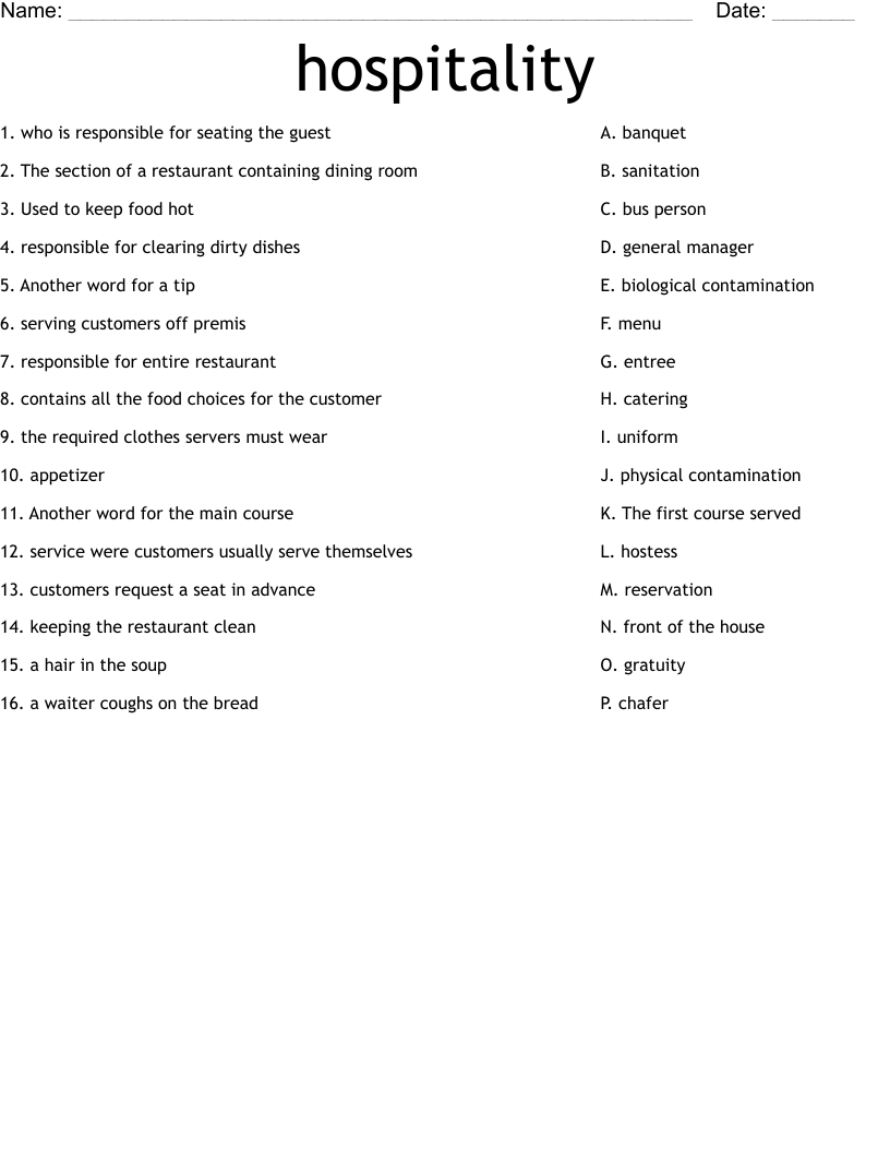 hospitality Worksheet