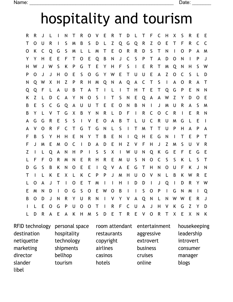 hospitality and tourism Word Search