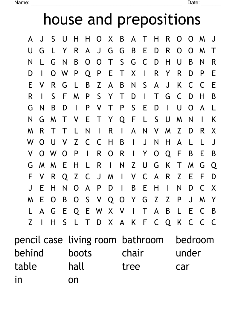 house and prepositions Word Search