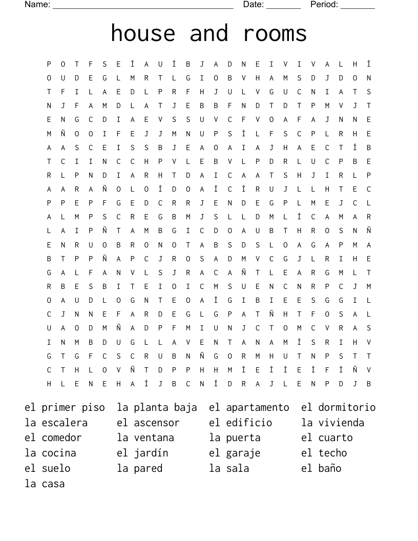 house and rooms Word Search