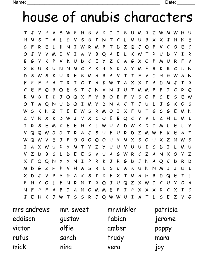 house of anubis characters Word Search