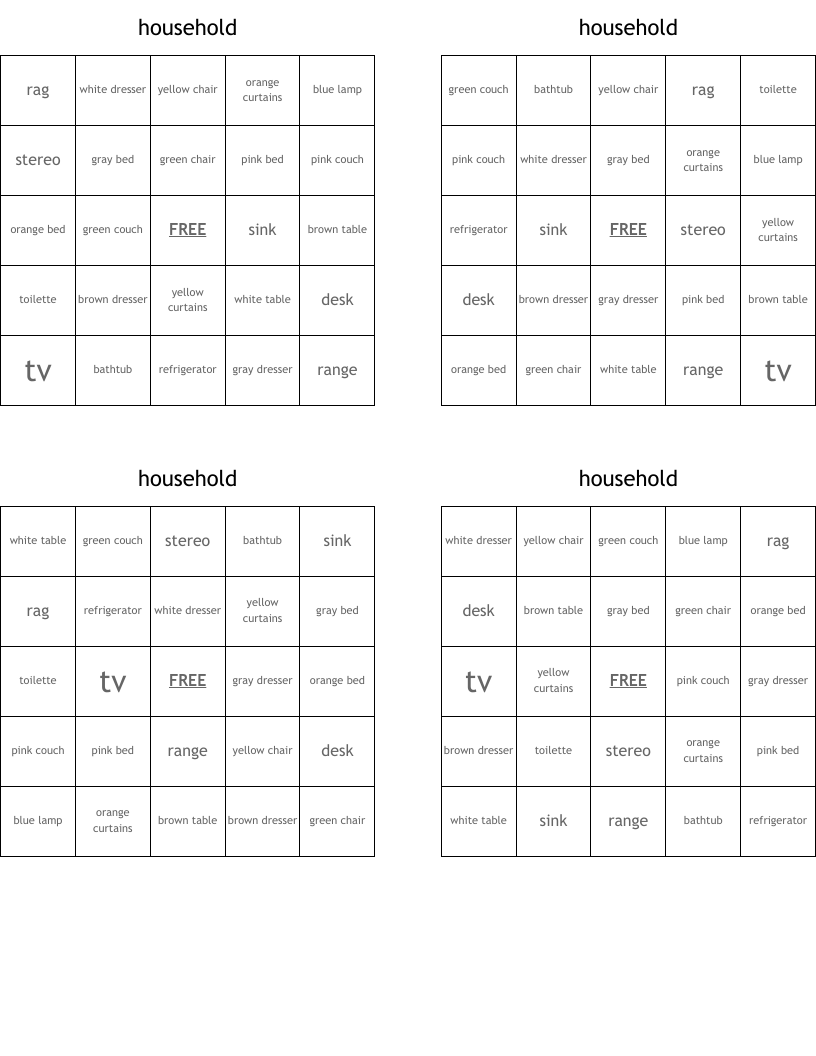 household Bingo Cards