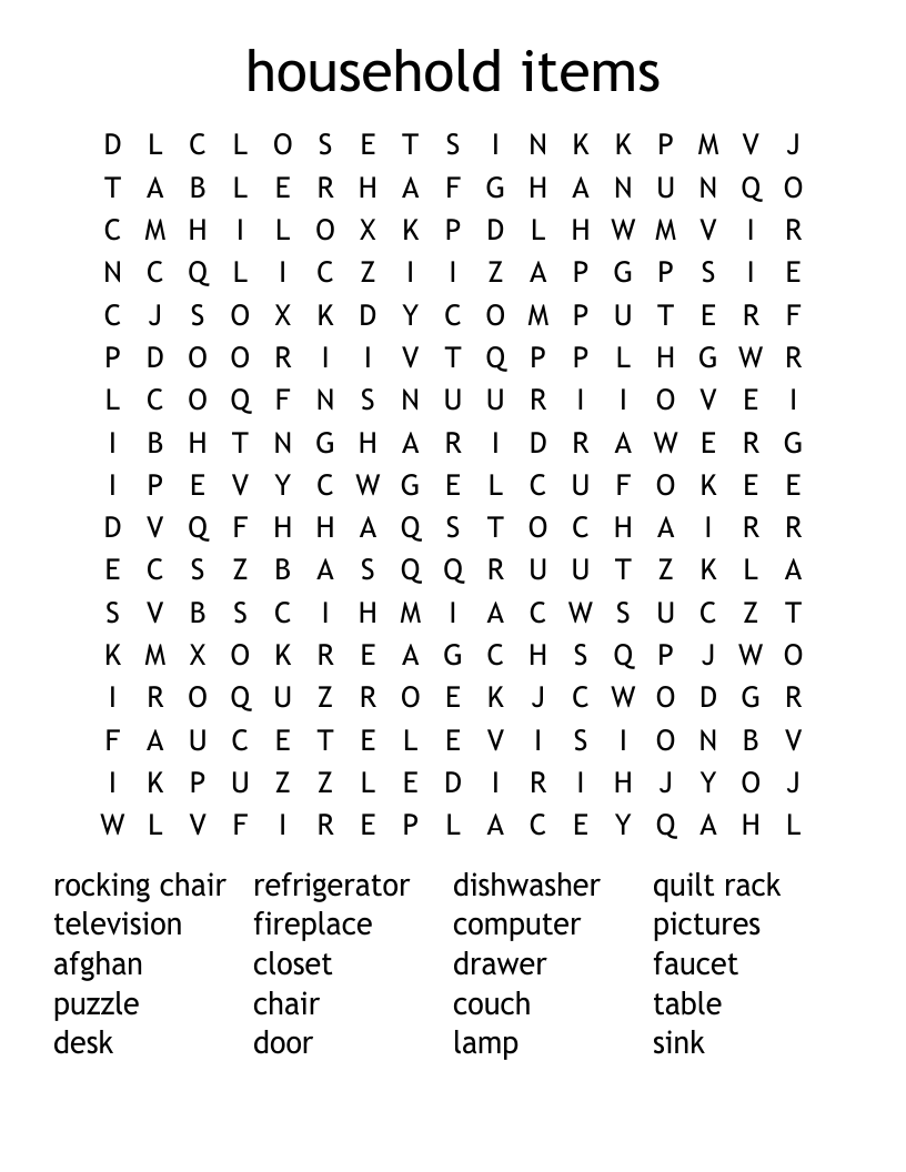 household items Word Search