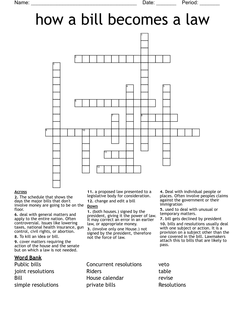 how a bill becomes a law  Crossword
