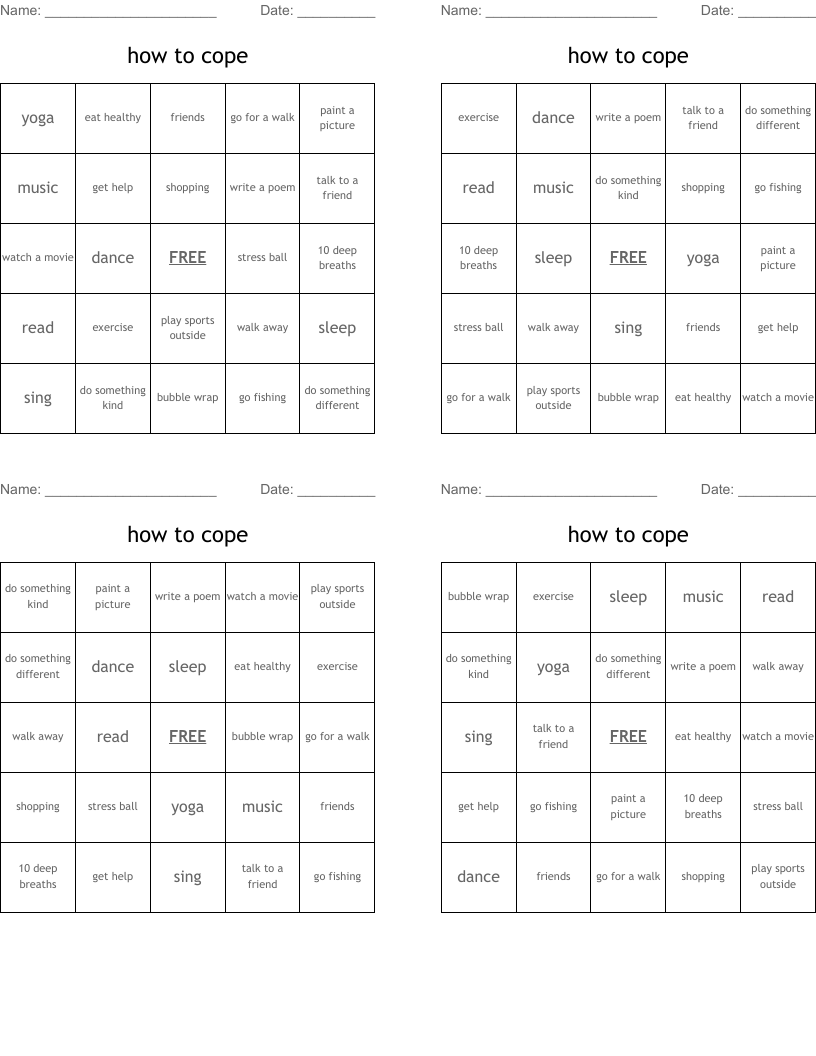 how to cope Bingo Cards