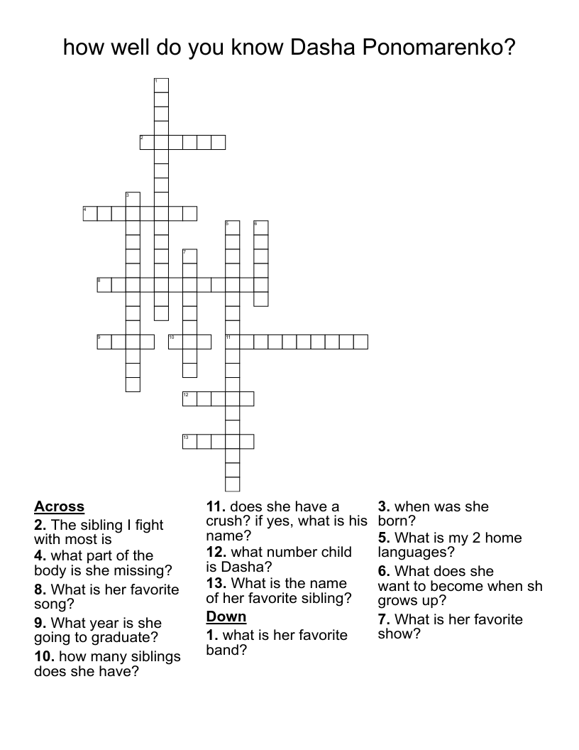 how well do you know Dasha Ponomarenko?  Crossword