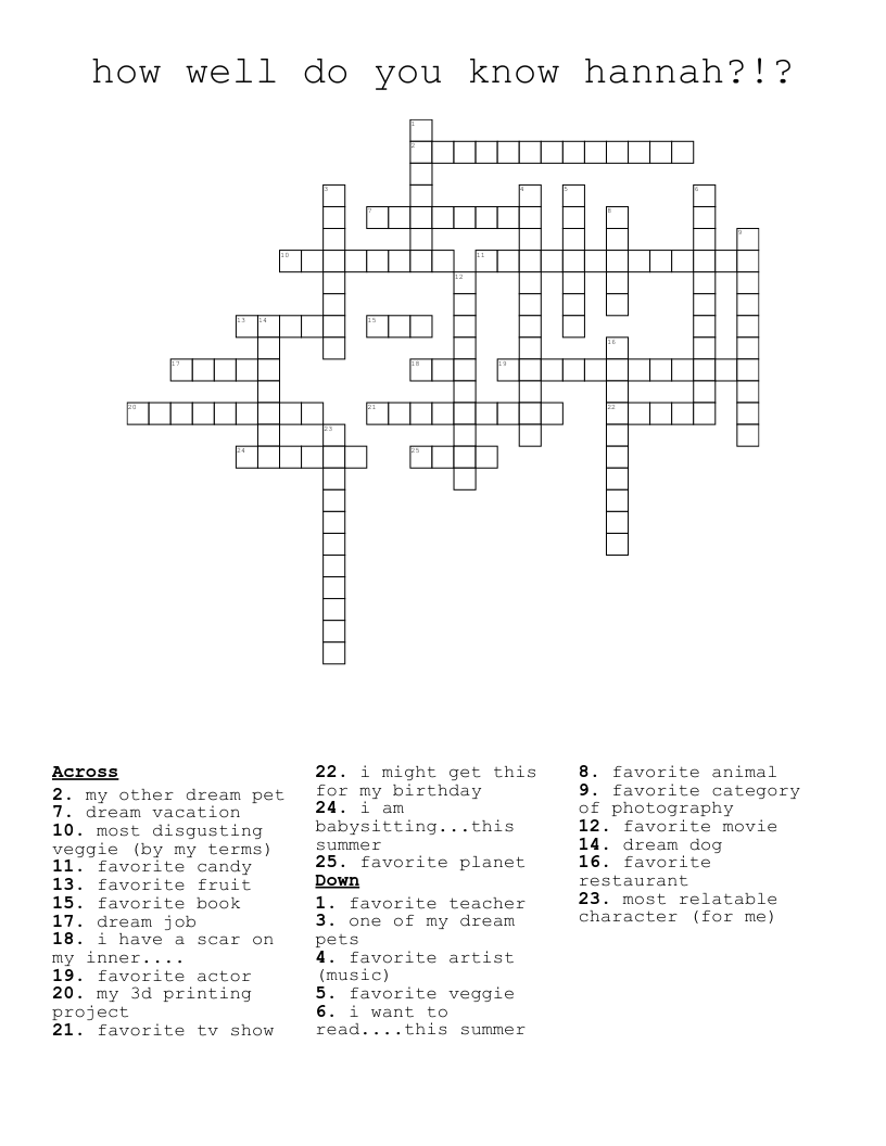 how well do you know hannah?!? Crossword