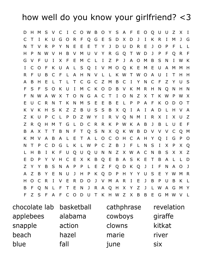 how well do you know your girlfriend? <3 Word Search