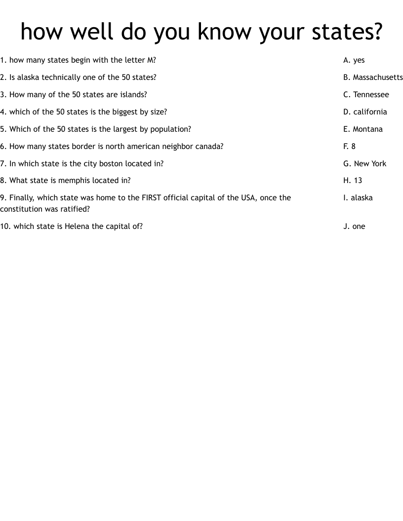 how well do you know your states? Worksheet