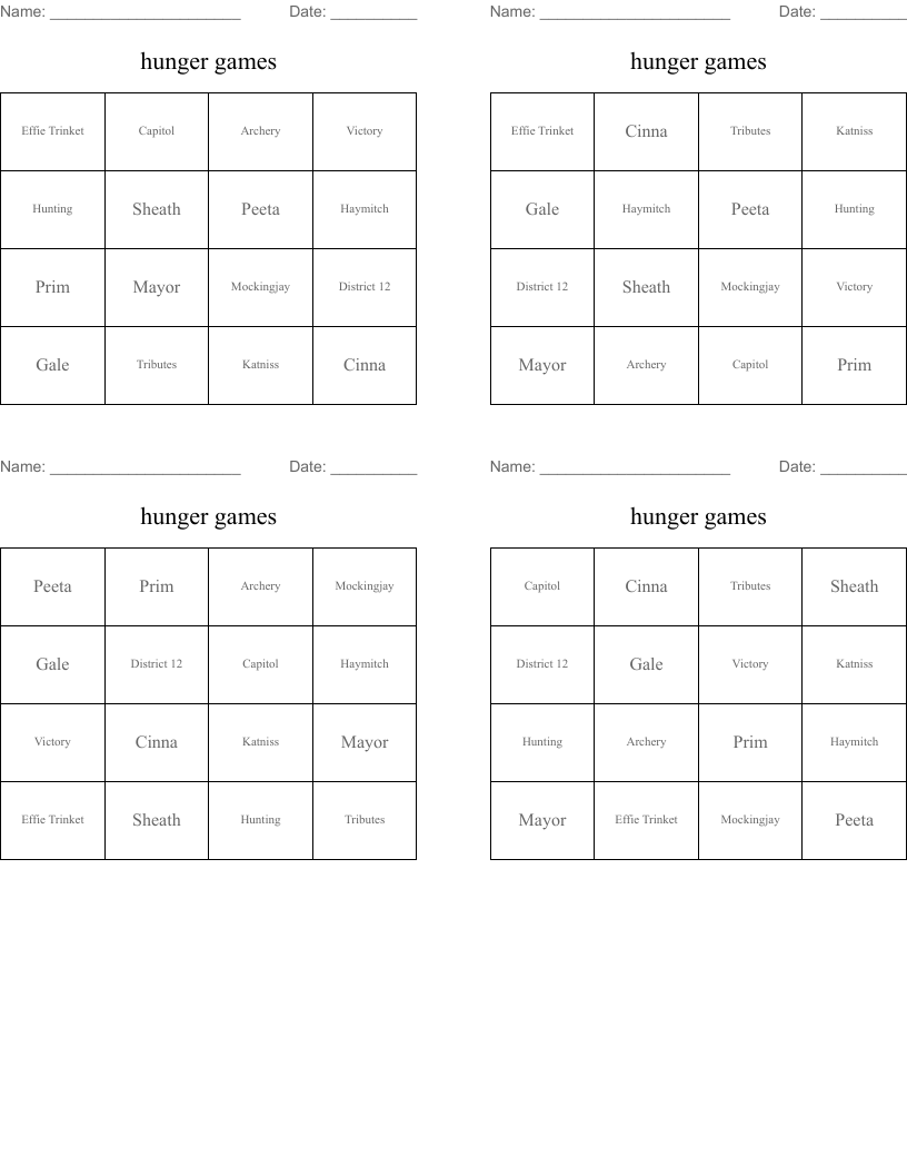 hunger games Bingo Cards
