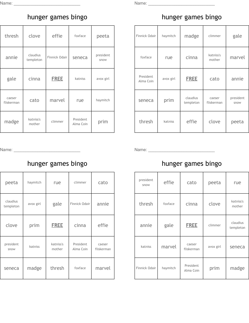 hunger games bingo