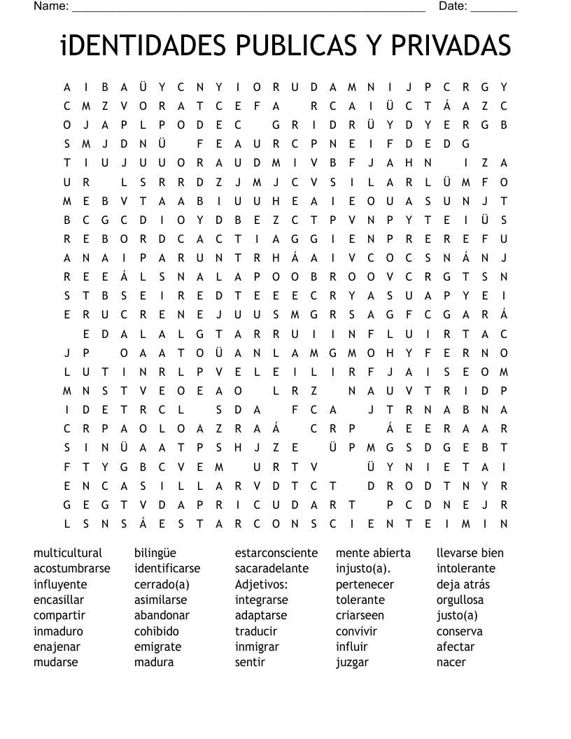 iDENTIDADES PUBLICAS Y PRIVADAS Word Search