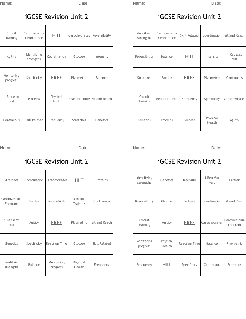 iGCSE Revision Unit 2 Bingo Cards