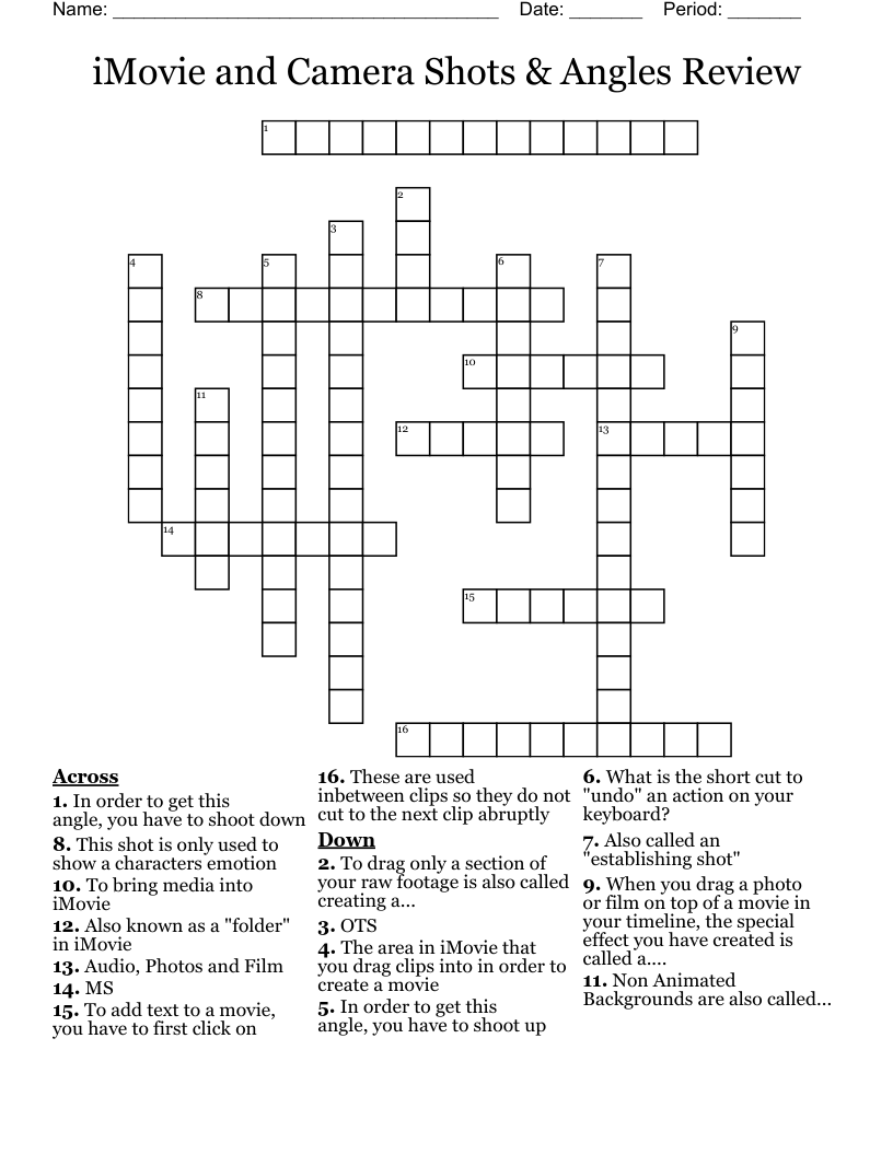 iMovie and Camera Shots & Angles Review Crossword