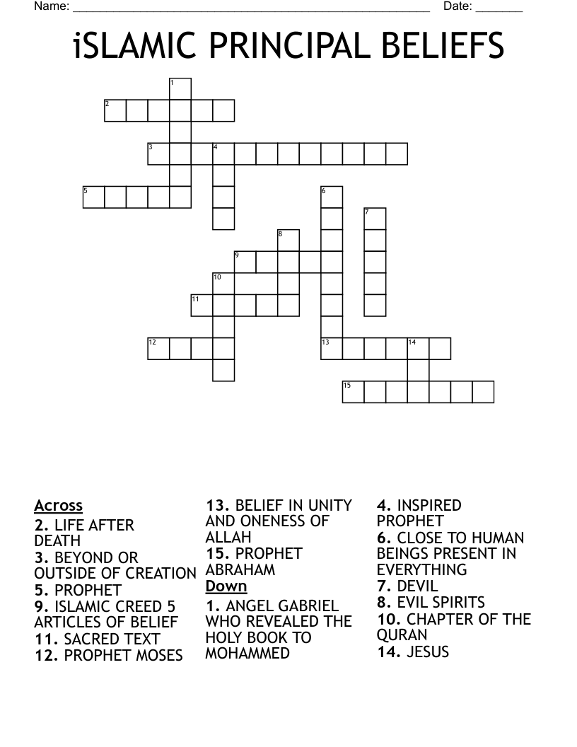 iSLAMIC PRINCIPAL BELIEFS Crossword