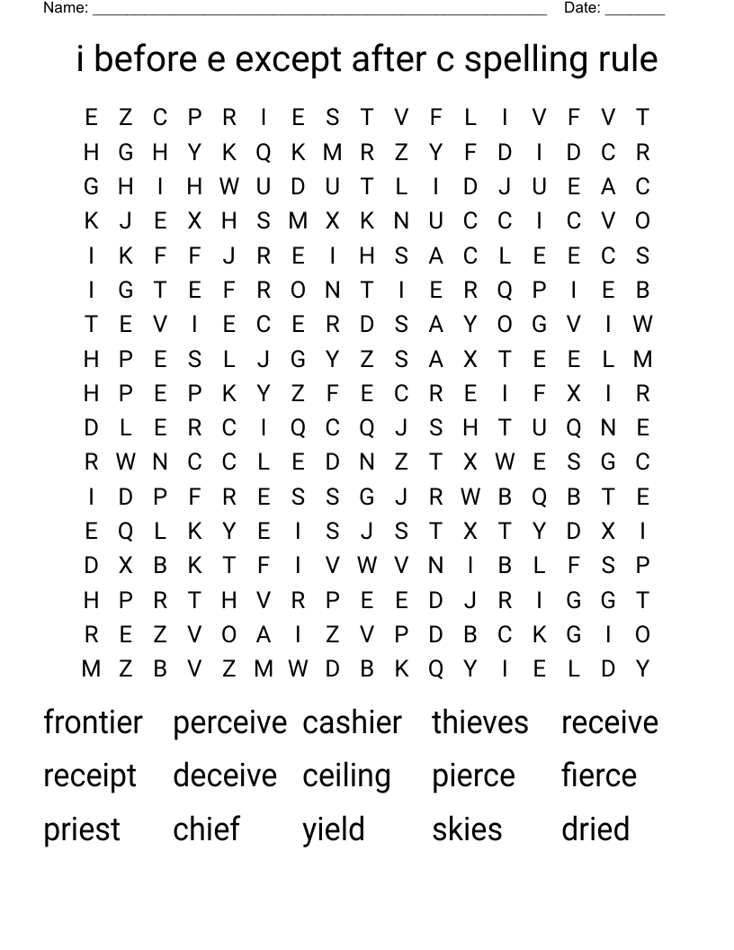 i before e except after c spelling rule Word Search