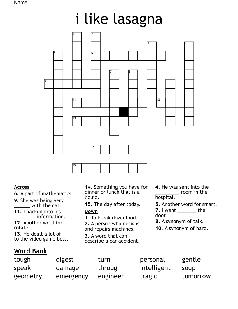 i like lasagna Crossword