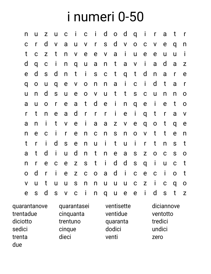 i numeri 0-50 Word Search