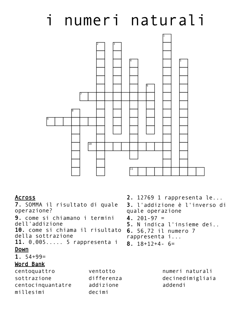 i numeri naturali  Crossword