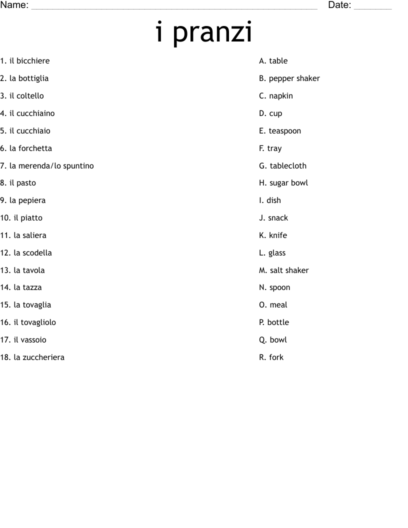 i pranzi Worksheet