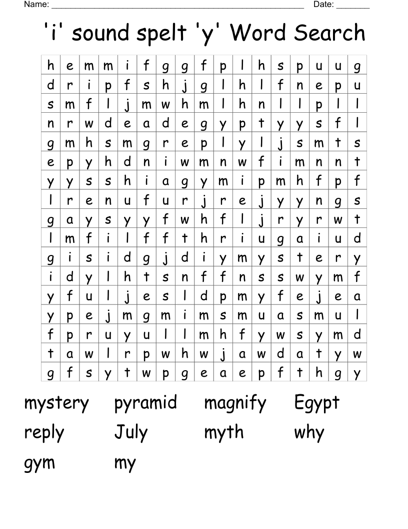 'i' sound spelt 'y' Word Search