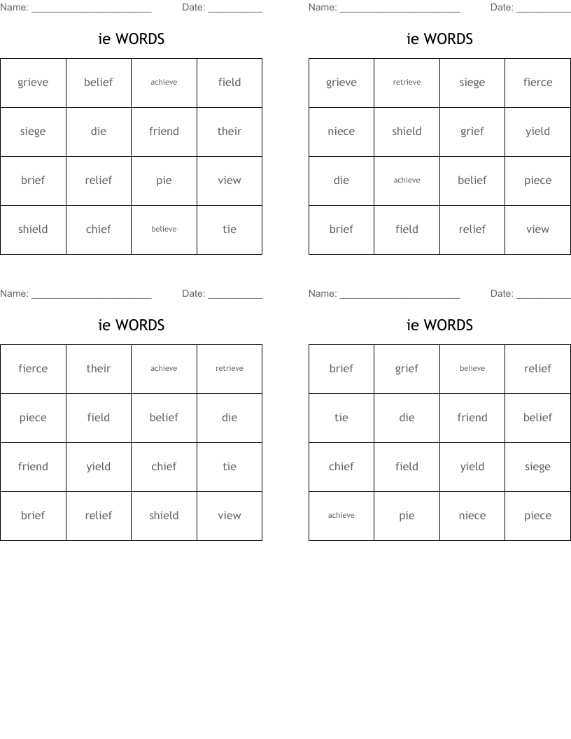 ie WORDS Bingo Cards