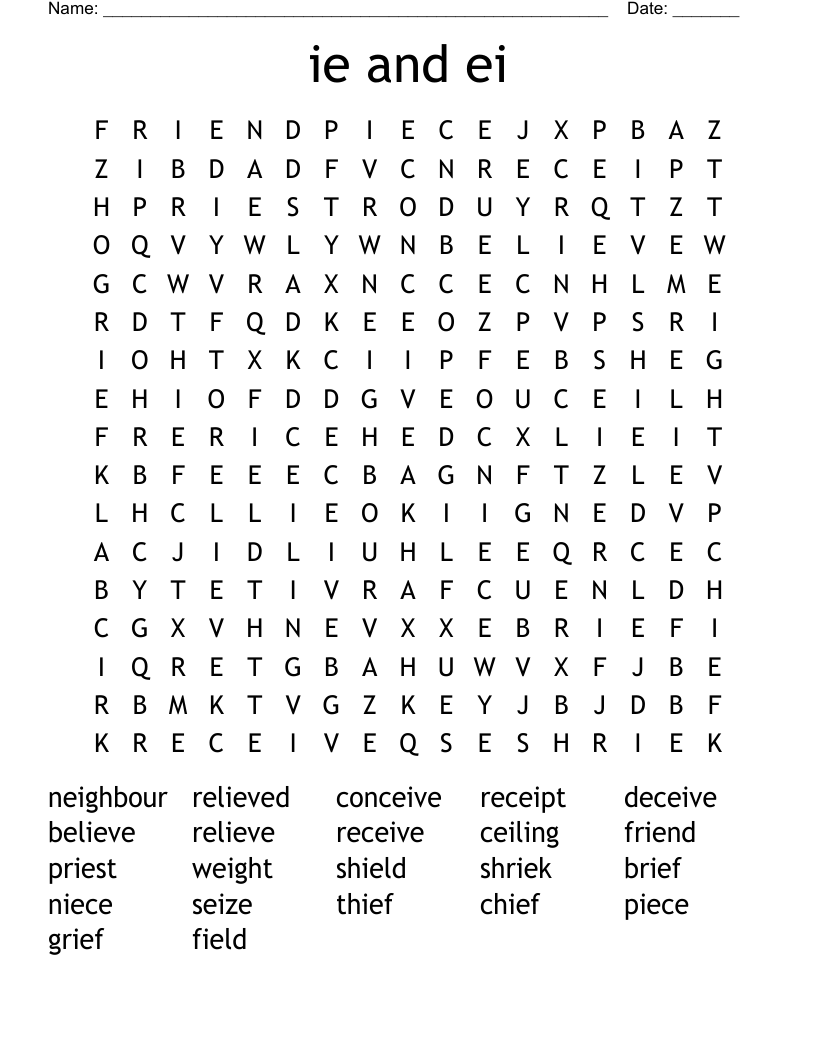 ie and ei Word Search