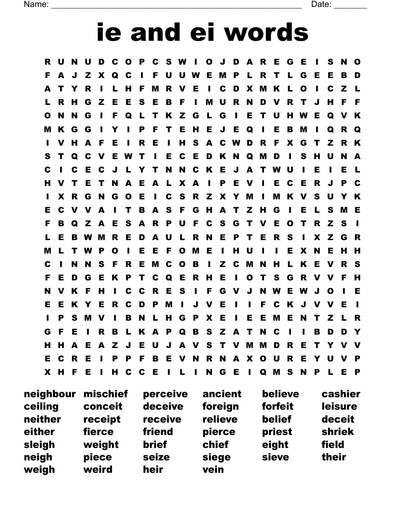 ie and ei words  Word Search
