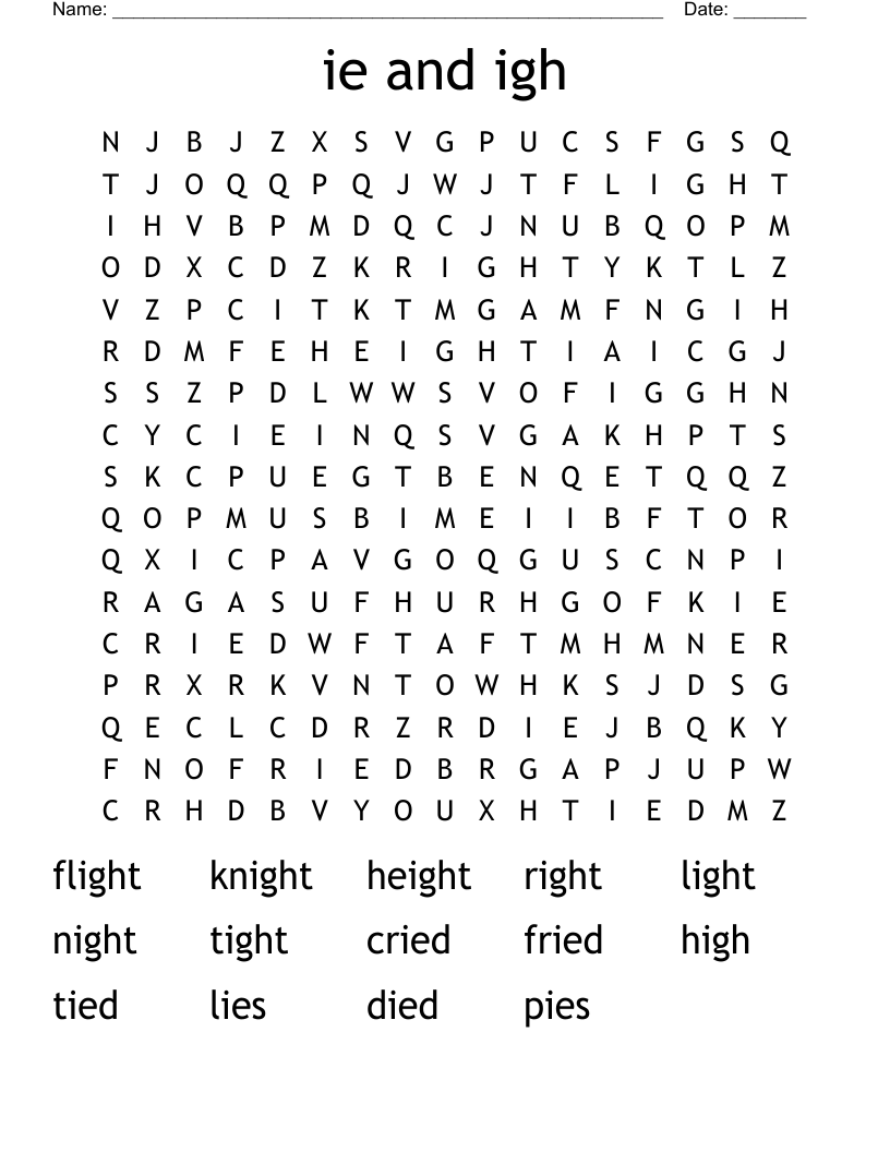 ie and igh Word Search