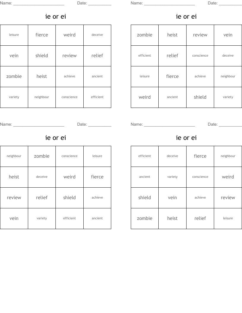ie or ei Bingo Cards