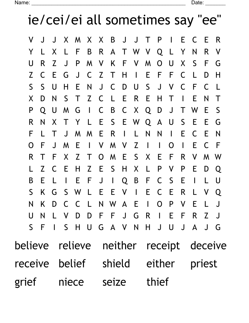 ie/cei/ei all sometimes say "ee"  Word Search